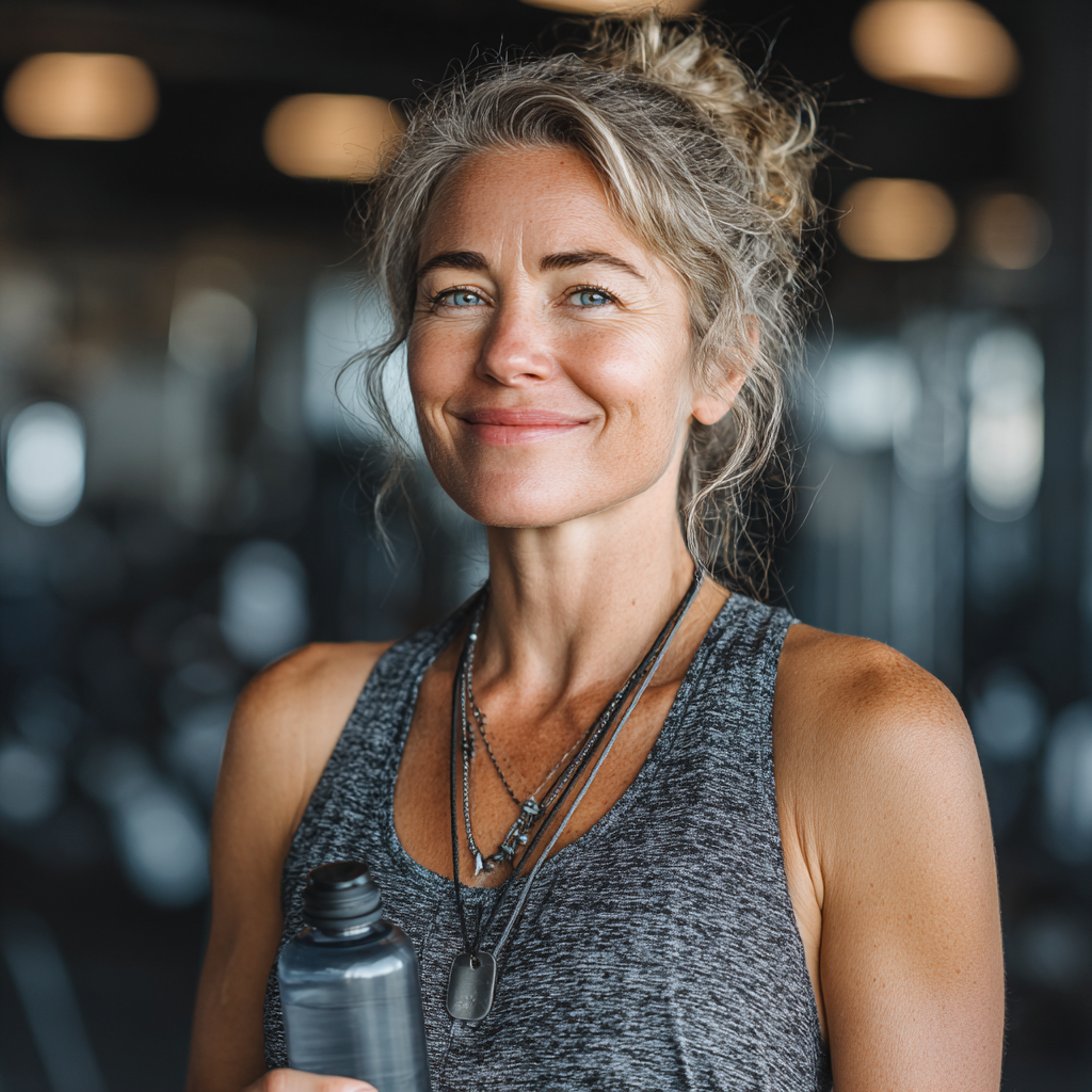Confident middle-aged woman in her late 40s wearing athletic wear, smiling while holding a water bottle in a bright modern gym, representing healthy active lifestyle and fitness motivation