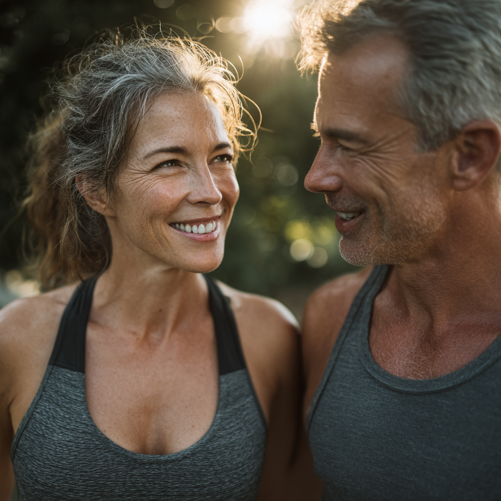 Happy mature couple in their early 50s exercising together outdoors, wearing comfortable workout clothes, demonstrating partner fitness activities in a park setting with natural lighting
